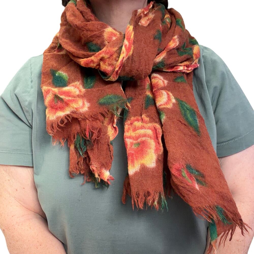 Bindya New York 100% wool Floral Scarf Brown Rose Print Lightweight Boho cottage